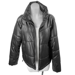 H&M Divided Black Faux Vegan Leather Full Zip Long Sleeve Puffer Coat Jacket S
